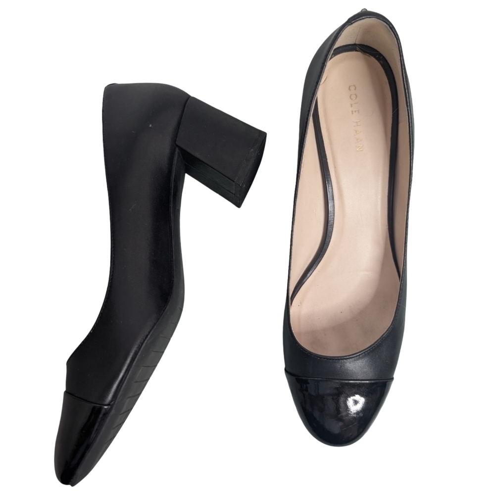 Cole Haan Dawna Cap Toe Block Heel Pumps Size 8.5 Black Patent Leather